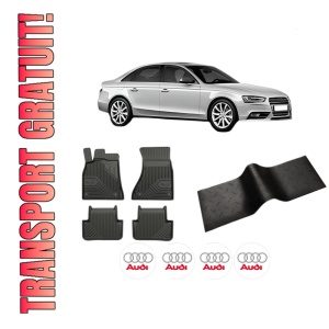 Set 5 covorase auto AUDI A4 B8 (8K2) din 2012-2018, cu covoras tunel median, presuri auto din cauciuc, 4x Stickere auto cu AUDI