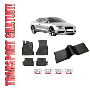 Set 5 covorase auto AUDI A5 (8T3) din 2011-2018, cu covoras tunel median, presuri auto din cauciuc, 4x Stickere auto cu AUDI