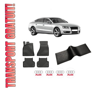 Set 5 covorase auto AUDI A5 Sportback (8TA) din 2013-2018, cu covoras tunel median, presuri auto din cauciuc, 4x Stickere auto cu AUDI
