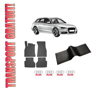 Set 5 covorase auto AUDI A6 C7 Avant (4G5, 4GD) din 2015-2022, cu covoras tunel median, presuri auto din cauciuc, 4x Stickere auto cu AUDI