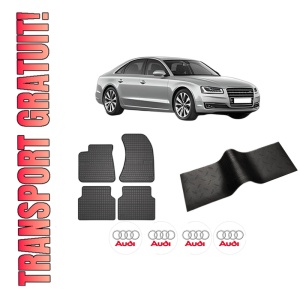 Set 5 covorase auto AUDI A8 D4 (4H2, 4H8, 4HC, 4HL) din 2008-2018, cu covoras tunel median, presuri auto din cauciuc, 4x Stickere auto cu AUDI