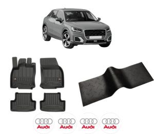 Set 5 covorase auto AUDI Q2 din 2012-2020, cu covoras tunel median, presuri auto din cauciuc, 4x Stickere auto cu AUDI - Img 2