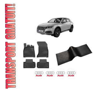 Set 5 covorase auto AUDI Q5 (FYB, FYG) din 2010-2014, cu covoras tunel median, presuri auto din cauciuc, 4x Stickere auto cu AUDI