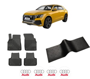 Set 5 covorase auto AUDI Q8 (4MN, 4MT) din 2011-2015, cu covoras tunel median, presuri auto din cauciuc, 4x Stickere auto cu AUDI - Img 2