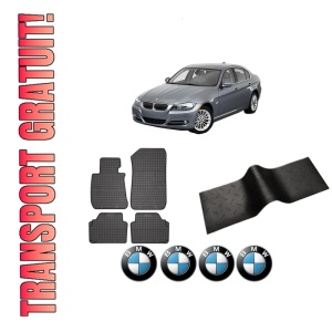 Set 5 covorase auto BMW Seria 3 (E90) din 1998-2010, cu covoras tunel median, presuri auto din cauciuc, 4x Stickere auto cu BMW