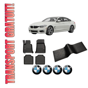 Set 5 covorase auto BMW Seria 3 Gran Turismo (F34) din 2014-2018, cu covoras tunel median, presuri auto din cauciuc, 4x Stickere auto cu BMW