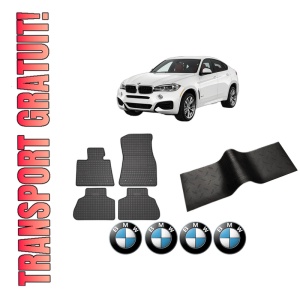 Set 5 covorase auto BMW Seria X6 (F16, F86) din 2012-2022, cu covoras tunel median, presuri auto din cauciuc, 4x Stickere auto cu BMW