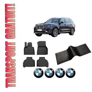Set 5 covorase auto BMW Seria X7 (G07) din 2008-2020, cu covoras tunel median, presuri auto din cauciuc, 4x Stickere auto cu BMW