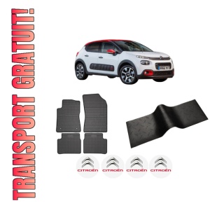 Set 5 covorase auto CITROEN C3 III (SX) din 2019-2023, cu covoras tunel median, presuri auto din cauciuc, 4x Stickere auto cu CITROEN