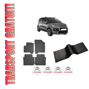 Set 5 covorase auto CITROEN C3 PICASSO (SH_) din 2013-2021, cu covoras tunel median, presuri auto din cauciuc, 4x Stickere auto cu CITROEN