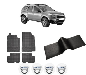 Set 5 covorase auto DACIA DUSTER (HS_) din 2010-2018, cu covoras tunel median, presuri auto din cauciuc, 4x Stickere auto cu DACIA - Img 2