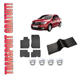 Set 5 covorase auto DACIA LOGAN II din 2011-2015, cu covoras tunel median, presuri auto din cauciuc, 4x Stickere auto cu DACIA
