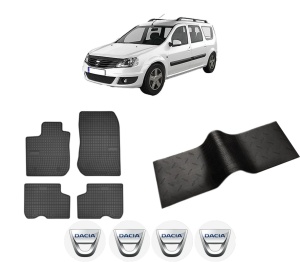 Set 5 covorase auto DACIA LOGAN MCV II din 2009-2015, cu covoras tunel median, presuri auto din cauciuc, 4x Stickere auto cu DACIA - Img 2