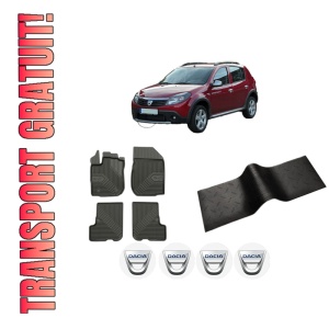 Set 5 covorase auto DACIA SANDERO din 2007-2010, cu covoras tunel median, presuri auto din cauciuc, 4x Stickere auto cu DACIA