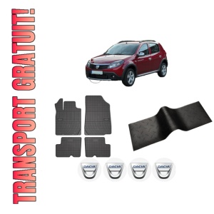 Set 5 covorase auto DACIA SANDERO din 2007-2010, cu covoras tunel median, presuri auto din cauciuc, 4x Stickere auto cu DACIA