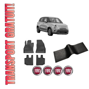 Set 5 covorase auto FIAT 500L (351_, 352_) din 2014-2020, cu covoras tunel median, presuri auto din cauciuc, 4x Stickere auto cu FIAT