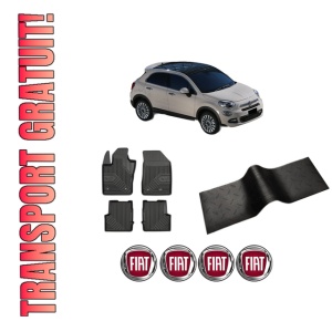 Set 5 covorase auto FIAT 500X (334_) din 2010-2018, cu covoras tunel median, presuri auto din cauciuc, 4x Stickere auto cu FIAT