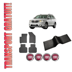 Set 5 covorase auto FIAT FREEMONT (345_) din 2007-2012, cu covoras tunel median, presuri auto din cauciuc, 4x Stickere auto cu FIAT