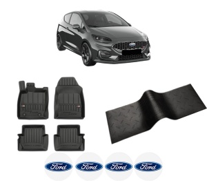 Set 5 covorase auto FORD FIESTA VII (HJ, HF) din 2014-2018, cu covoras tunel median, presuri auto din cauciuc, 4x Stickere auto cu FORD - Img 2