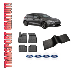 Set 5 covorase auto FORD FOCUS IV (HN) din 2008-2017, cu covoras tunel median, presuri auto din cauciuc, 4x Stickere auto cu FORD