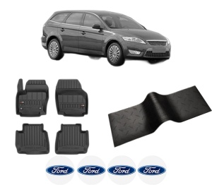 Set 5 covorase auto FORD MONDEO IV Turnier (BA7) din 2012-2019, cu covoras tunel median, presuri auto din cauciuc, 4x Stickere auto cu FORD - Img 2