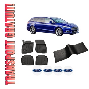 Set 5 covorase auto FORD MONDEO V Turnier (CF) din 2015-2024, cu covoras tunel median, presuri auto din cauciuc, 4x Stickere auto cu FORD