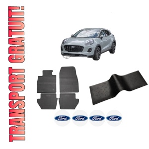 Set 5 covorase auto FORD PUMA (J2K, CF7) din 2009-2016, cu covoras tunel median, presuri auto din cauciuc, 4x Stickere auto cu FORD