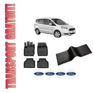 Set 5 covorase auto FORD TOURNEO COURIER B460 MPV din 2018-2024, cu covoras tunel median, presuri auto din cauciuc, 4x Stickere auto cu FORD