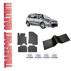 Set 5 covorase auto HYUNDAI i30 Estate (GD) din 2011-2018, cu covoras tunel median, presuri auto din cauciuc, 4x Stickere auto cu HYUNDAI