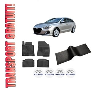 Set 5 covorase auto HYUNDAI i30 Kombi Van (GDE, GD) din 2013-2021, cu covoras tunel median, presuri auto din cauciuc, 4x Stickere auto cu HYUNDAI