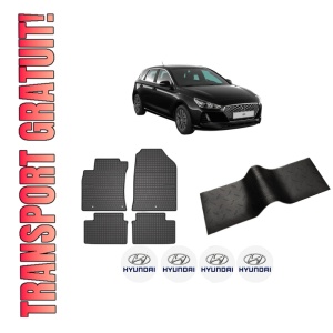 Set 5 covorase auto HYUNDAI i30 (PDE, PD, PDEN) din 2008-2017, cu covoras tunel median, presuri auto din cauciuc, 4x Stickere auto cu HYUNDAI