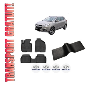 Set 5 covorase auto HYUNDAI ix35 (LM, EL, ELH) din 2008-2017, cu covoras tunel median, presuri auto din cauciuc, 4x Stickere auto cu HYUNDAI