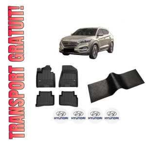 Set 5 covorase auto HYUNDAI TUCSON (TL, TLE) din 2003-2012, cu covoras tunel median, presuri auto din cauciuc, 4x Stickere auto cu HYUNDAI