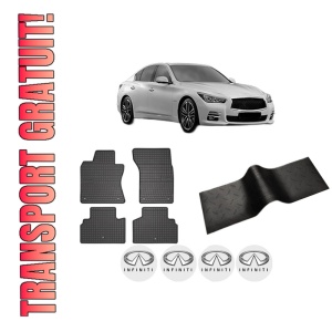 Set 5 covorase auto INFINITI Q50 din 2008-2017, cu covoras tunel median, presuri auto din cauciuc, 4x Stickere auto cu INFINITI
