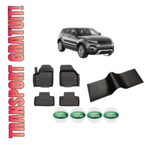 Set 5 covorase auto LAND ROVER RANGE ROVER EVOQUE (L538) din 2019-2021, cu covoras tunel median, presuri auto din cauciuc, 4x Stickere auto cu LAND ROVER