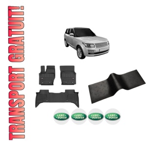 Set 5 covorase auto LAND ROVER RANGE ROVER IV (L405) din 2018-2024, cu covoras tunel median, presuri auto din cauciuc, 4x Stickere auto cu LAND ROVER