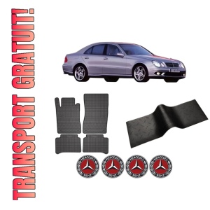 Set 5 covorase auto MERCEDES-BENZ E-CLASS (W211) din 2009-2016, cu covoras tunel median, presuri auto din cauciuc, 4x Stickere auto cu MERCEDES-BENZ