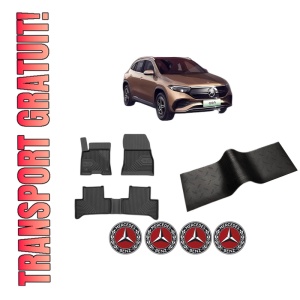 Set 5 covorase auto MERCEDES-BENZ EQA (H243) din 2010-2022, cu covoras tunel median, presuri auto din cauciuc, 4x Stickere auto cu MERCEDES-BENZ