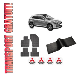 Set 5 covorase auto MITSUBISHI ASX (GA_W_) din 2010-2018, cu covoras tunel median, presuri auto din cauciuc, 4x Stickere auto cu MITSUBISHI