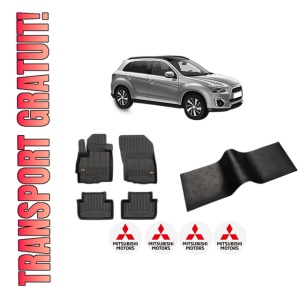 Set 5 covorase auto MITSUBISHI ASX (GA_W_) din 2010-2018, cu covoras tunel median, presuri auto din cauciuc, 4x Stickere auto cu MITSUBISHI