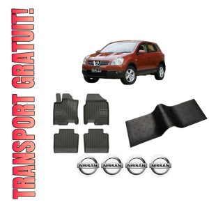 Set 5 covorase auto NISSAN QASHQAI I (J10, NJ10) din 2006-2015, cu covoras tunel median, presuri auto din cauciuc, 4x Stickere auto cu NISSAN