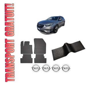 Set 5 covorase auto OPEL GRANDLAND X Van din 2008-2018, cu covoras tunel median, presuri auto din cauciuc, 4x Stickere auto cu OPEL