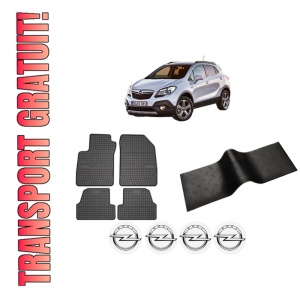 Set 5 covorase auto OPEL MOKKA / MOKKA X (J13) din 2010-2018, cu covoras tunel median, presuri auto din cauciuc, 4x Stickere auto cu OPEL