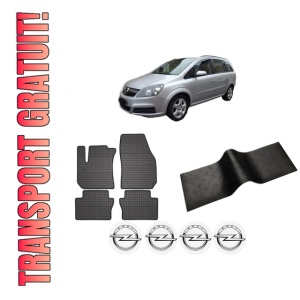Set 5 covorase auto OPEL ZAFIRA B Box Body/MPV (A05) din 2014-2022, cu covoras tunel median, presuri auto din cauciuc, 4x Stickere auto cu OPEL