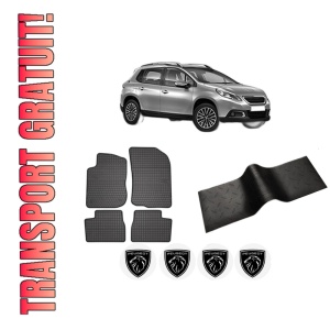 Set 5 covorase auto PEUGEOT 2008 I (CU_) din 2019-2023, cu covoras tunel median, presuri auto din cauciuc, 4x Stickere auto cu PEUGEOT