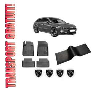 Set 5 covorase auto PEUGEOT 508 SW I (8E_) din 2008-2017, cu covoras tunel median, presuri auto din cauciuc, 4x Stickere auto cu PEUGEOT