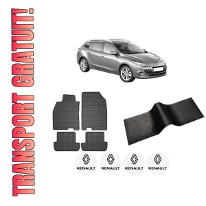 Set 5 covorase auto RENAULT MEGANE III Grandtour (KZ0/1) din 2013-2020, cu covoras tunel median, presuri auto din cauciuc, 4x Stickere auto cu RENAULT