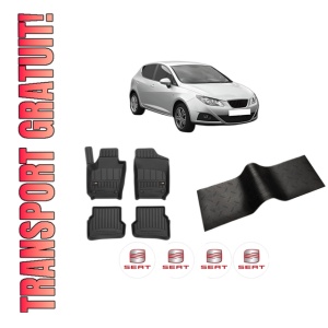 Set 5 covorase auto SEAT IBIZA IV (6J5, 6P1) din 2019-2021, cu covoras tunel median, presuri auto din cauciuc, 4x Stickere auto cu SEAT