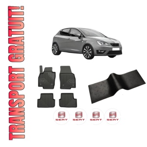 Set 5 covorase auto SEAT IBIZA V (KJ1, KJG) din 2008-2015, cu covoras tunel median, presuri auto din cauciuc, 4x Stickere auto cu SEAT