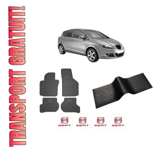 Set 5 covorase auto SEAT TOLEDO III (5P2) din 2015-2017, cu covoras tunel median, presuri auto din cauciuc, 4x Stickere auto cu SEAT